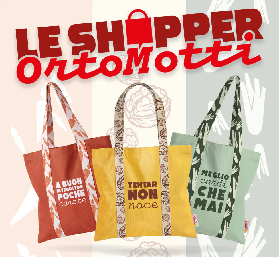 Le Shopper OrtoMotti, tre tote bag Conad dedicate a carote, noci e cardi