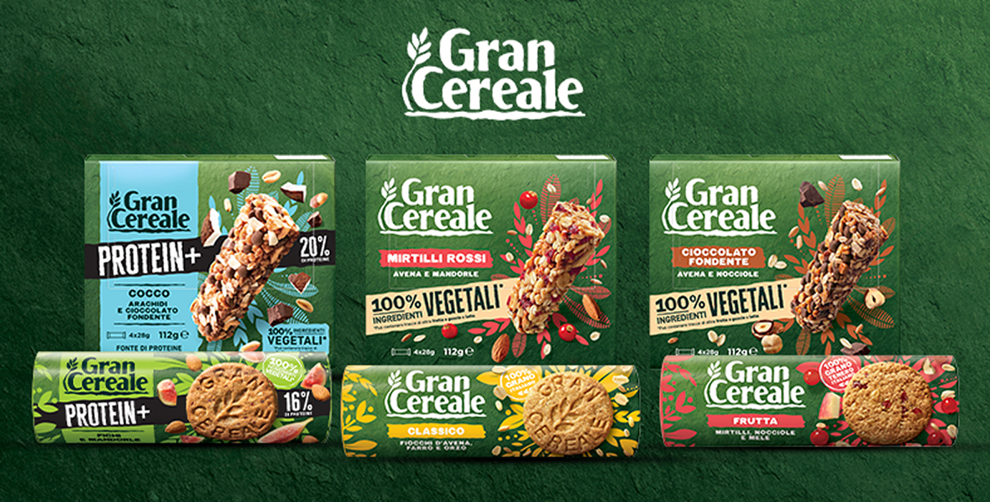 Gamma di biscotti e barrette Gran Cereale 100% vegetali