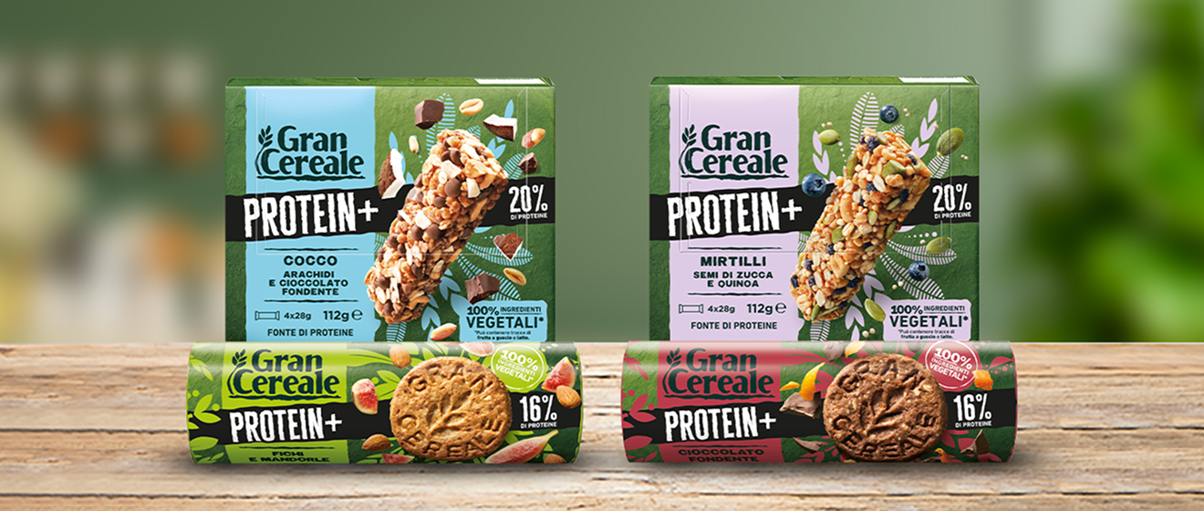 Gamma Gran Cereale Protein+ di biscotti e barrette 100% vegetali
