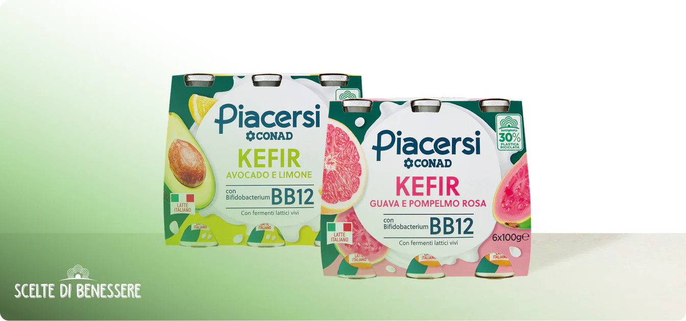 Confezioni di kefir Piacersi Conad avocado e limone e guava e pompelmo rosa