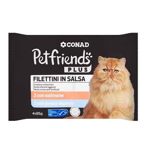 Petfriends Plus Filettini in Salsa 2 con salmone, 2 con pesce bianco 4 x 85 g