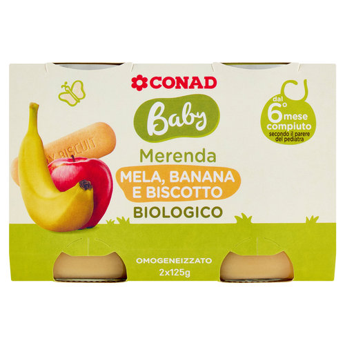 CONAD Baby Merenda Mela, Banana e Biscotto Biologico Omogeneizzato 2 x 125 g-image