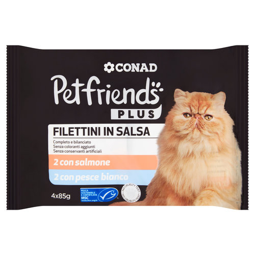 CONAD Petfriends Plus Filettini in Salsa 2 con salmone, 2 con pesce bianco 4 x 85 g-image