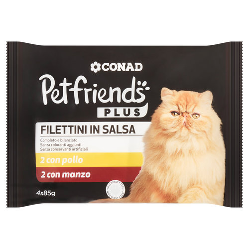 CONAD Petfriends Plus Filettini in Salsa 2 con pollo, 2 con manzo 4 x 85 g-image