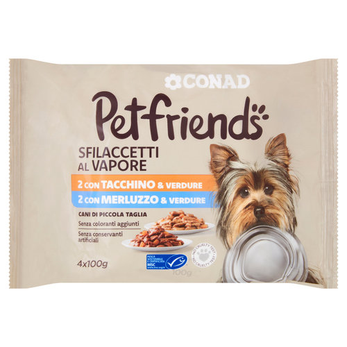 CONAD Petfriends Sfilaccetti al Vapore 2 con Tacchino & Verdure, 2 con  Merluzzo & Verdure 4 x 100 g-image