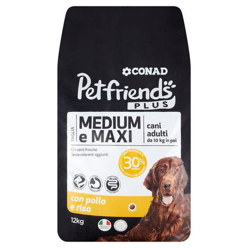 CONAD Petfriends Plus Taglia Medium e Maxi cani adulti da 10 kg in poi con pollo e riso 12 kg-image